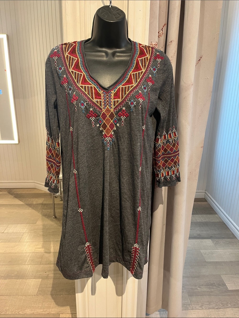 Johnny Was Charcoal Tunic with Red and Gold Embroidery XS